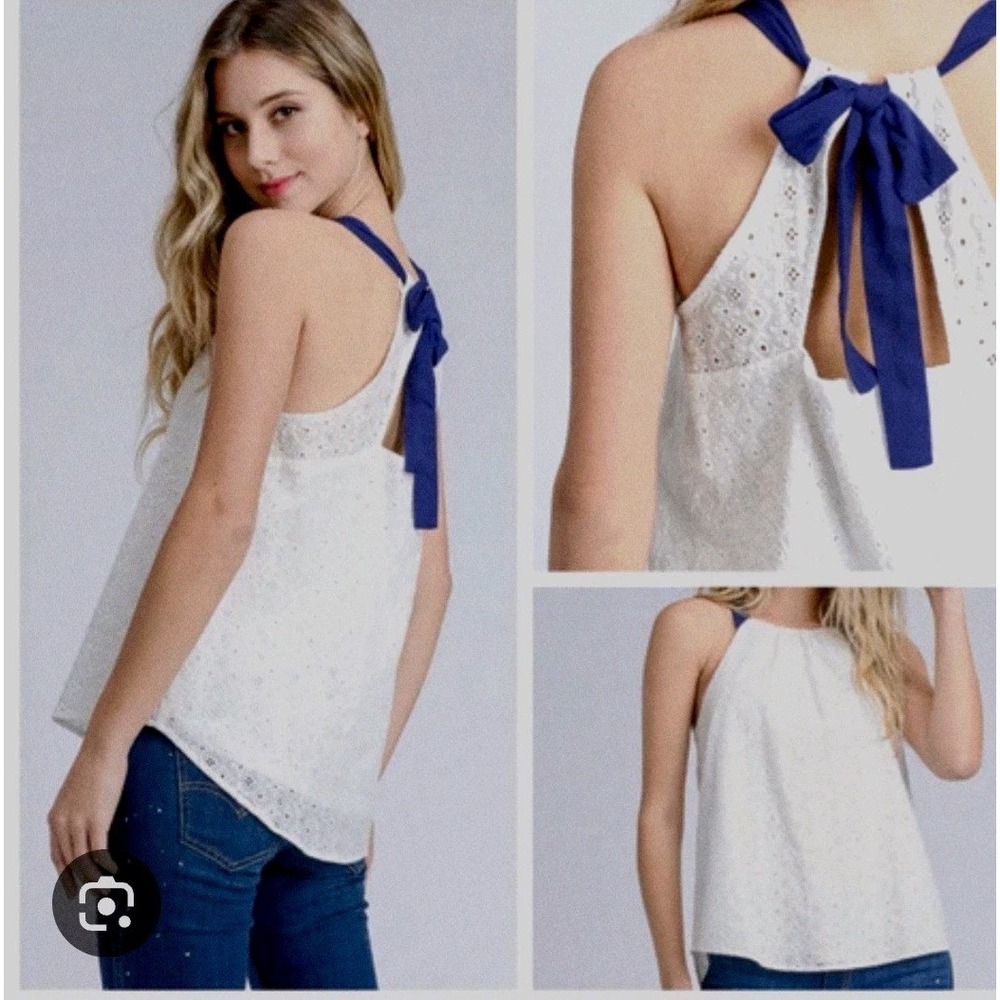 Eyelet Lace Cotton Cami Top Boho Fairy Celestial Doe & Rae Blue Tie Strap Sz S